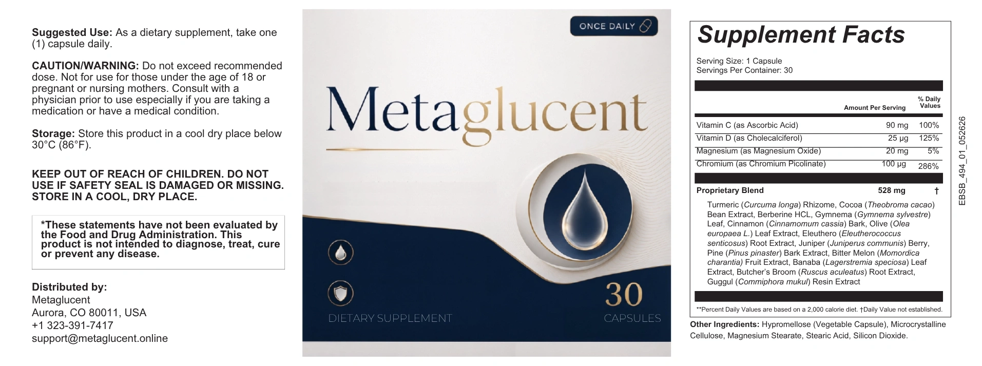 Metaglucent supplement facts label showing full ingredient list and dosage